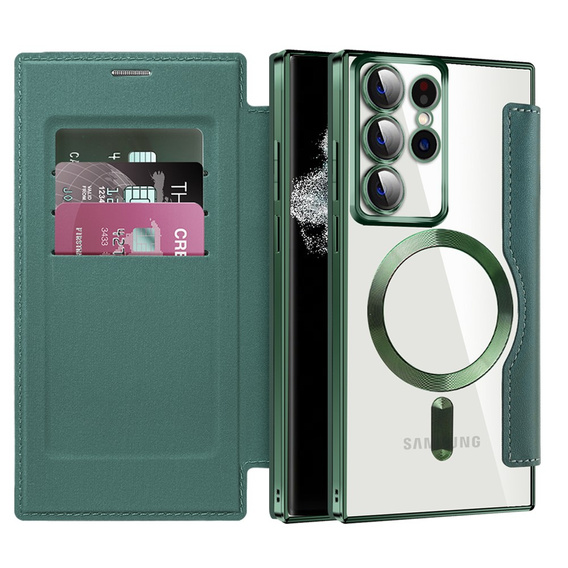 Klopové pouzdro pro Samsung Galaxy S22 Ultra 5G, RFID Wallet MagSafe CamShield, zelené