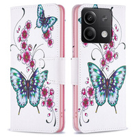 Klopové pouzdro pro Xiaomi Redmi Note 13 5G, Wallet, Butterflies & Flowers bílé