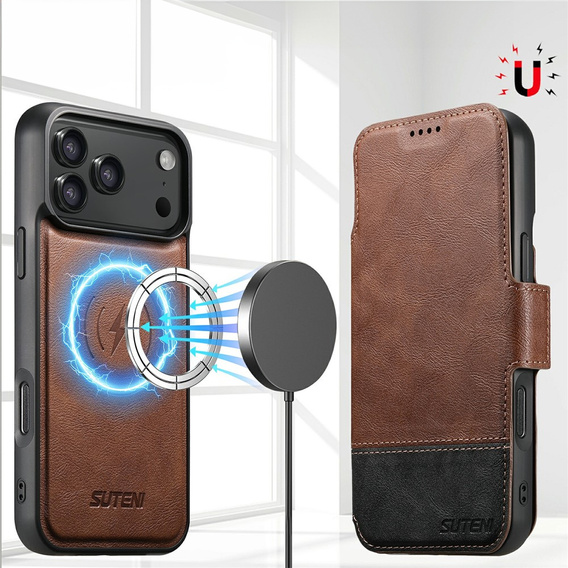 Flipové pouzdro 2 v 1 pro iPhone 17 Pro, SUTENI, pro MagSafe, hnědé