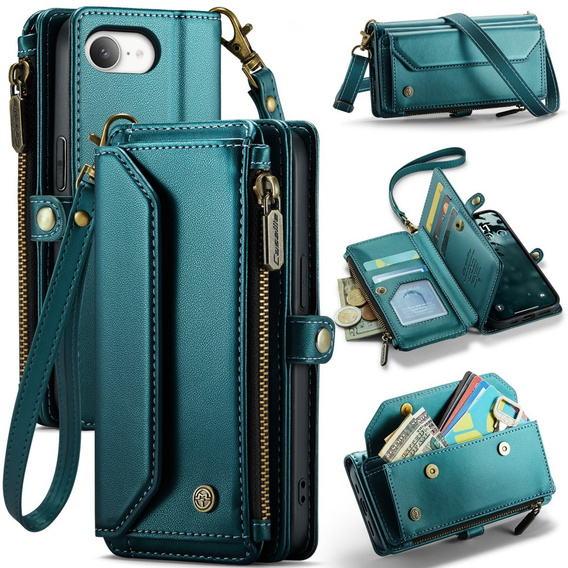 Pouzdro CASEME pro iPhone16e, RFID Leather Wallet, s popruhem přes rameno, zelené