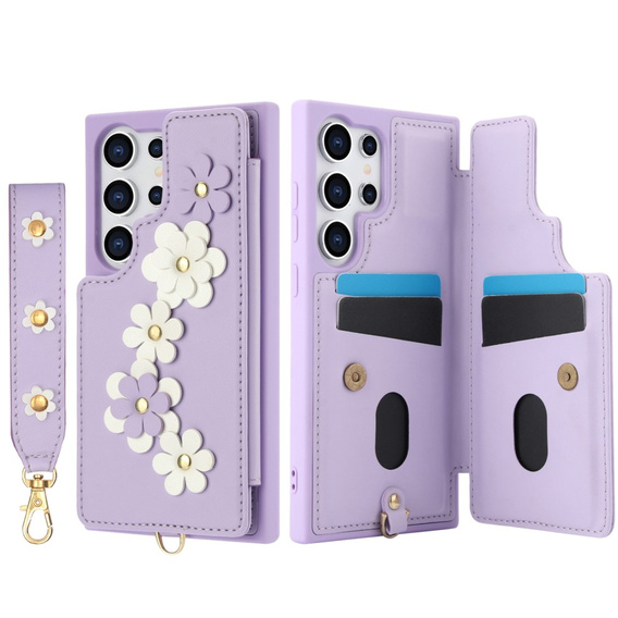 Pouzdro pro Samsung Galaxy S24 Ultra, Leather Flower Card Slot, fialové