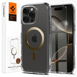 Pouzdro MagSafe Spigen pro iPhone 16 Pro Max, Ultra Hybrid, průhledná / zlatá + 9H tvrzené sklo