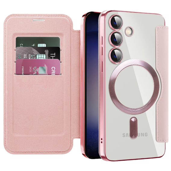Klopové pouzdro pro Samsung Galaxy S24, RFID Wallet MagSafe CamShield, růžové