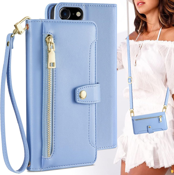 Klopové pouzdro pro iPhone 16E, Wallet Zipper Pocket, modré