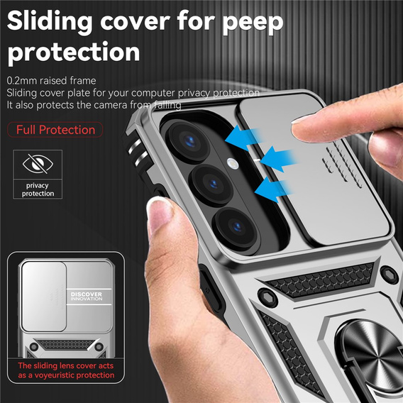 Pevné pouzdro s podstavcem a krytem objektivu pro Samsung Galaxy S26 Plus, stříbrné