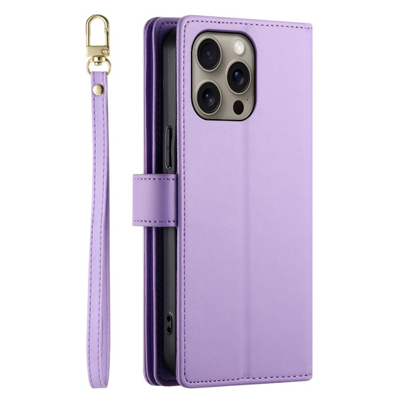 Klopové pouzdro pro iPhone 16 Pro, Wallet Zipper Pocket, fialové