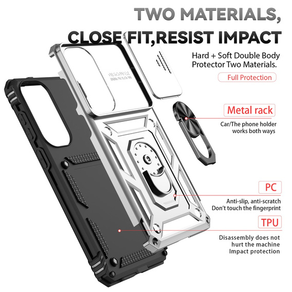 Pevné pouzdro s podstavcem a krytem objektivu pro Samsung Galaxy S26 Plus, stříbrné