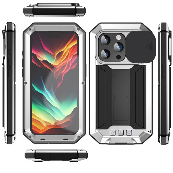 Pouzdro pro iPhone 15 Pro, R-JUST CamShield Slide, pancéřované, stříbrné / černé