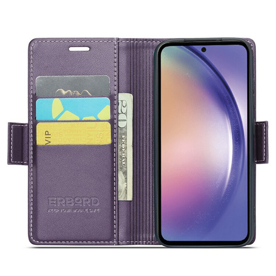 Pouzdro pro Samsung Galaxy A55, ERBORD Glossy Litchi, flipová peněženka, fialové