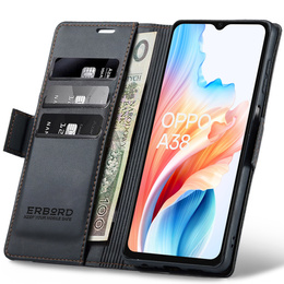 Pouzdro pro Oppo A18 4G / A38 4G, ERBORD Glossy Litchi, flipová peněženka, černé