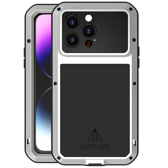 Pouzdro Love Mei pro iPhone 14 Pro Max, armored with glass, stříbrné