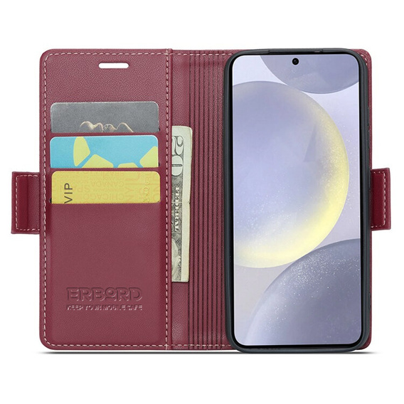 Pouzdro pro Samsung Galaxy S24, ERBORD Glossy Litchi, flipová peněženka, červené