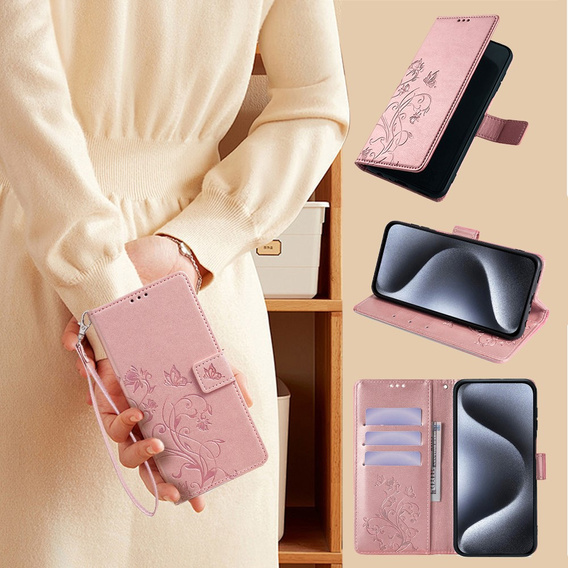Klopové pouzdro pro Motorola Moto E14, Butterfly, růžové rose gold