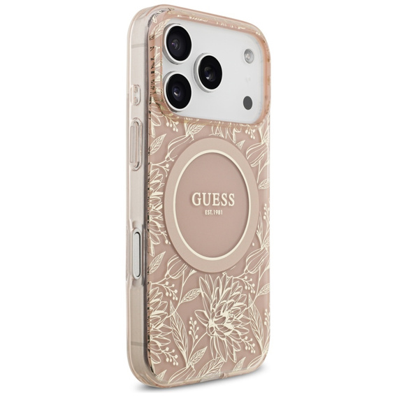 Pouzdro Guess IML Flowers Electroplated Allover With Beads Strap, pro MagSafe, s páskem pro iPhone 17 Pro Max