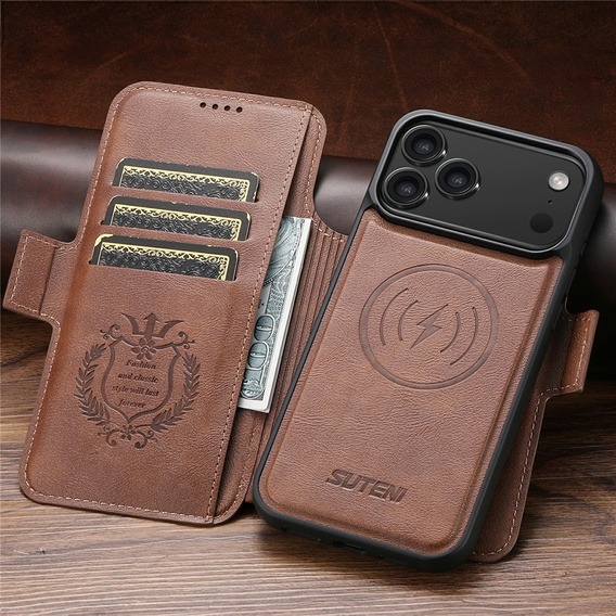 Flipové pouzdro 2 v 1 pro iPhone 17 Pro Max, SUTENI, pro MagSafe, hnědé