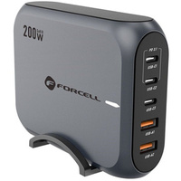 Stolní nabíječka FORCELL 3x USB Type-C 2x USB-A 200W 5A GaN PD QC4.0, šedá