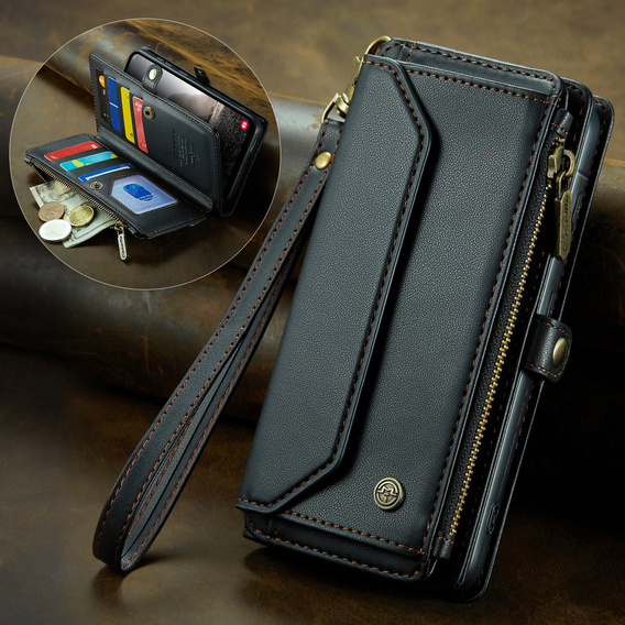 Klopové pouzdro pro Samsung Galaxy A17 5G, peněženkové pouzdro se zámkem a popruhy - černé