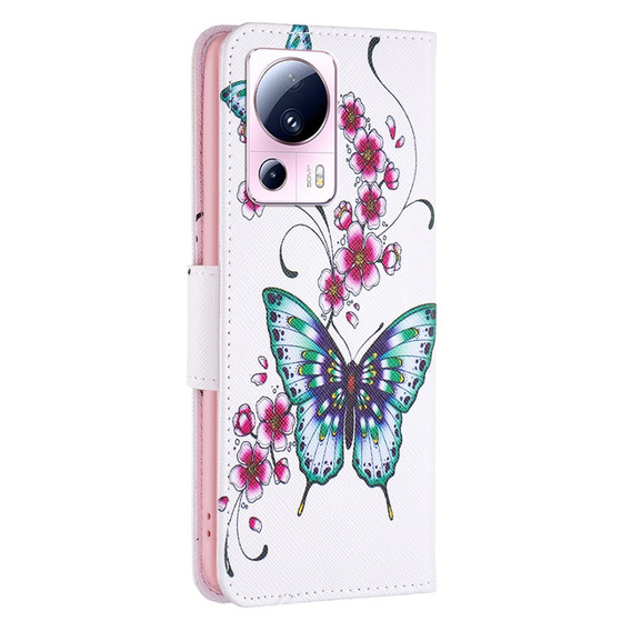 Klopové pouzdro pro Xiaomi 13 Lite, Wallet, butterfly & flowers, bílé