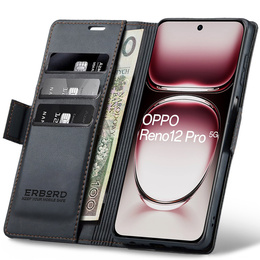 Pouzdro pro Oppo Reno 12 Pro, ERBORD Glossy Litchi, flipová peněženka, černé