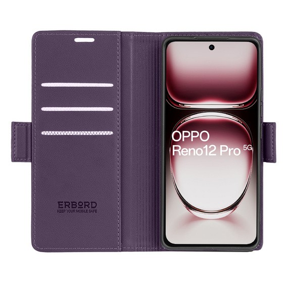 Pouzdro pro Oppo Reno 12 Pro, ERBORD Glossy Litchi, flipová peněženka, fialové