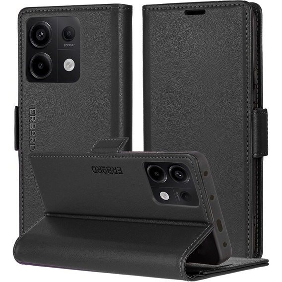 Pouzdro pro Xiaomi Redmi Note 13 Pro 5G, ERBORD Glossy Litchi, flipová peněženka, černé