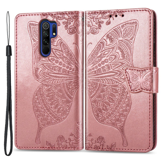 Klopové pouzdro pro Xiaomi Redmi 9, Butterfly, růžové rose gold