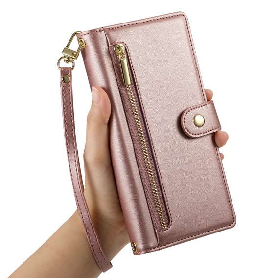 Klopové pouzdro pro Samsung Galaxy S25, Wallet Zipper Pocket, růžové