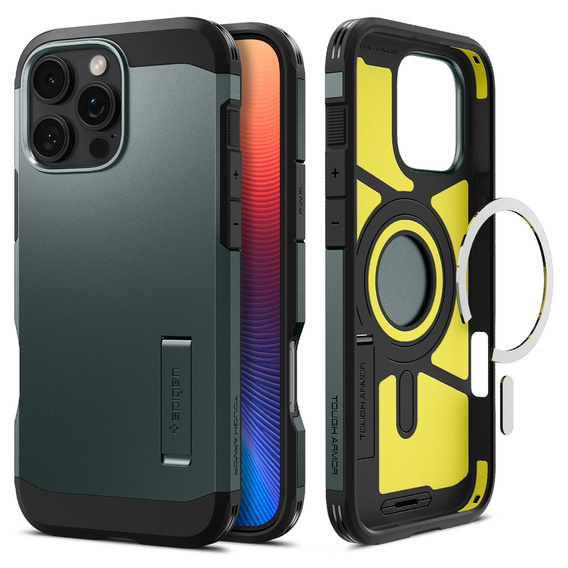 Pouzdro Spigen pro iPhone 16 Pro, Tough Armor Mag MagSafe, zelené + 9H tvrzené sklo