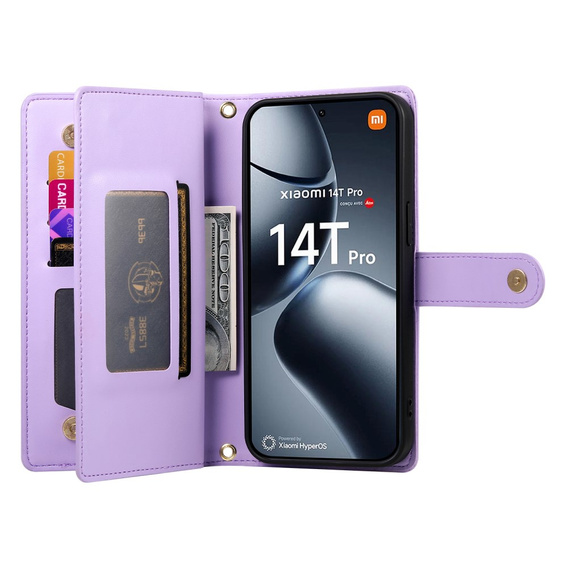 Klopové pouzdro pro Xiaomi 14T Pro, Wallet Zipper Pocket, fialové