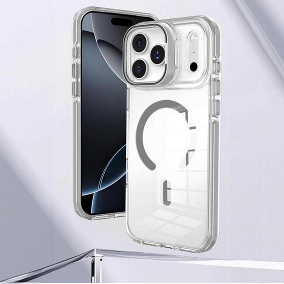 Pouzdro pro iPhone 17 Pro Max, pro MagSafe, se stojánkem, průhledné s šedými vložkami