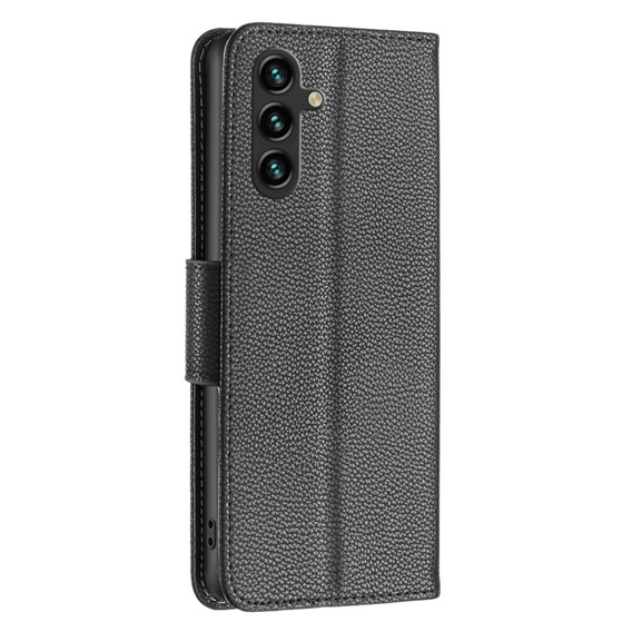 Klopové pouzdro pro Samsung Galaxy A15, Wallet Litchi Leather, černé + 9H sklo 