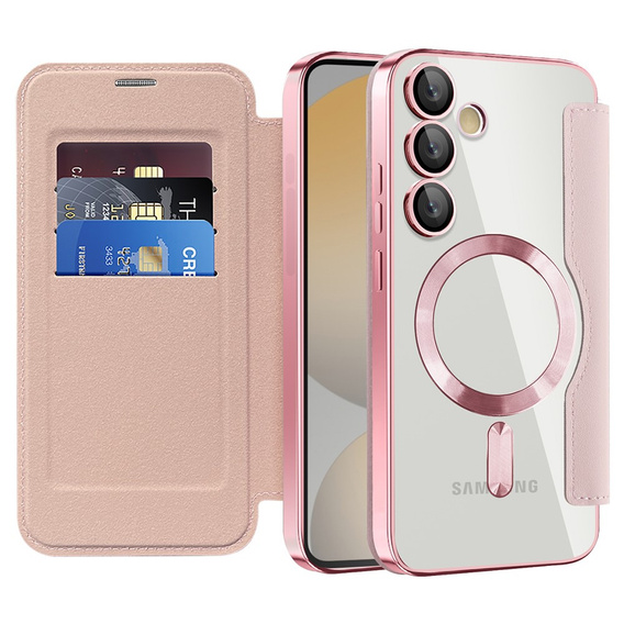 Klopové pouzdro pro Samsung Galaxy S24 FE, RFID Wallet MagSafe CamShield, růžové
