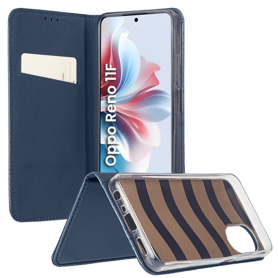 Klopové pouzdro pro Oppo Reno 11F 5G, Smart Magnetic, námořnicky modré + 9H sklo 