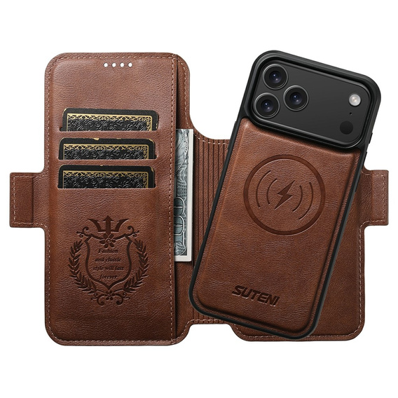 Flipové pouzdro 2 v 1 pro iPhone 17 Pro, SUTENI, pro MagSafe, hnědé