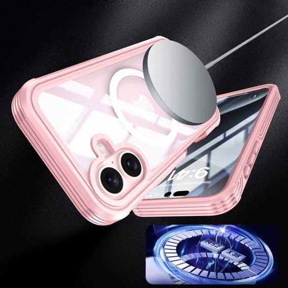 Pouzdro pro iPhone 16, Shockproof, se sklem, pro MagSafe, růžové