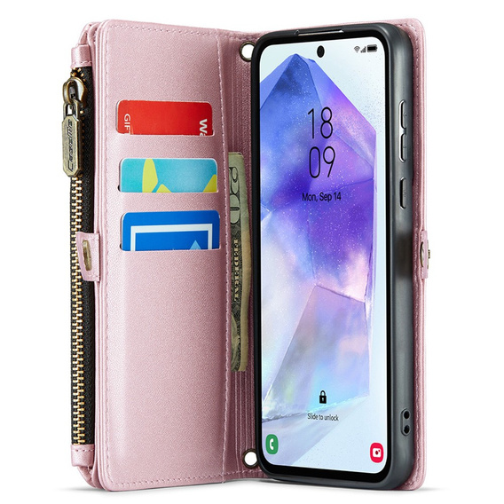 Pouzdro CASEME pro Samsung Galaxy A55 5G, RFID Leather Wallet, s popruhem přes rameno, růžové