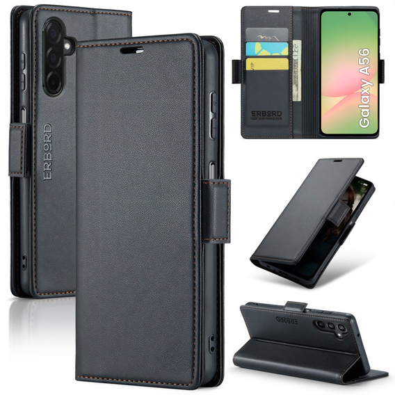 Pouzdro pro Samsung Galaxy A56, ERBORD Glossy Litchi, flipová peněženka, černé
