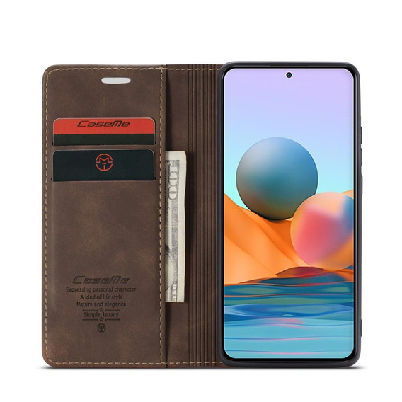Pouzdro CASEME pro Xiaomi Redmi Note 10 Pro, Leather Wallet Case, káva