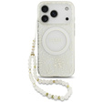 Pouzdro Guess IML Flowers Electroplated Allover With Beads Strap, pro MagSafe, s páskem pro iPhone 17 Pro