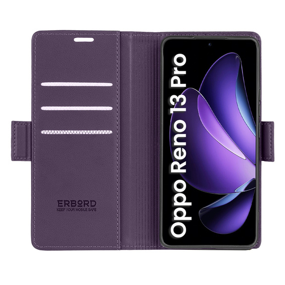 Pouzdro pro Oppo Reno 13 Pro, ERBORD Glossy Litchi, flipová peněženka, fialové