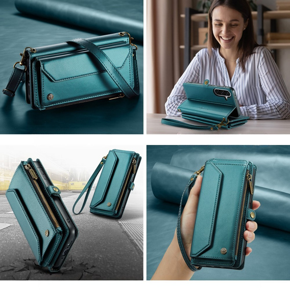 Pouzdro CASEME pro Samsung Galaxy A56 5G, RFID Leather Wallet, s popruhem přes rameno, zelené
