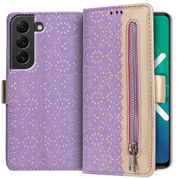 Flipové pouzdro pro Samsung Galaxy S22+ Plus 5G, Wallet Pocket Zipper Lace, fialové
