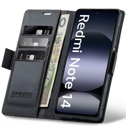 Pouzdro pro Xiaomi Redmi Note 14 5G, ERBORD Glossy Litchi, flipová peněženka, černé