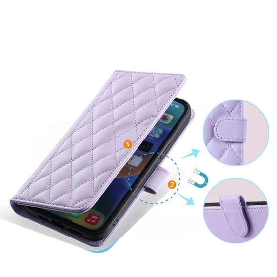 Pouzdro s klopou pro iPhone 16 Pro, Rhombus Crossbody Leather, fialové