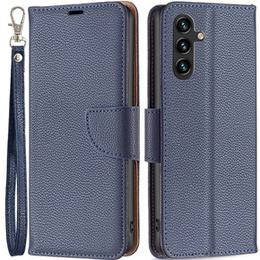 Klopové pouzdro pro Samsung Galaxy A15, Wallet Litchi Leather, modré + 9H sklo
