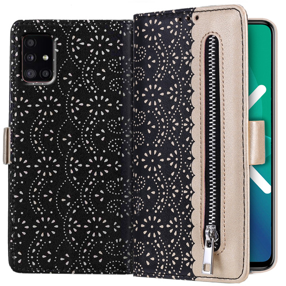 Flipové pouzdro pro Samsung Galaxy A51 5G, Wallet Pocket Zipper Lace, černé