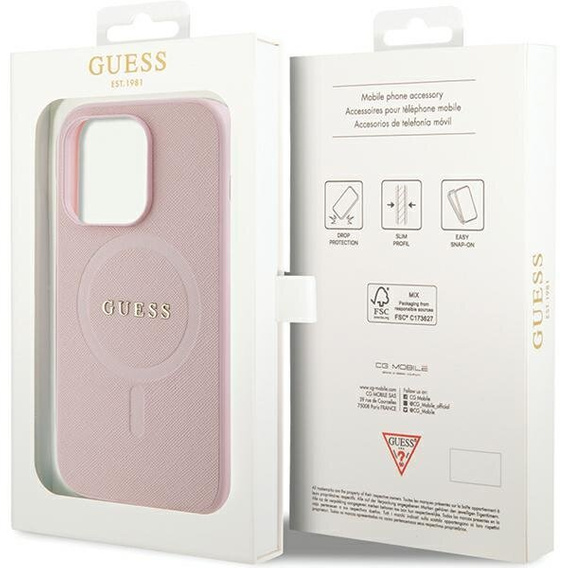 Pouzdro GUESS pro iPhone 14 Pro, Saffiano MagSafe, růžové