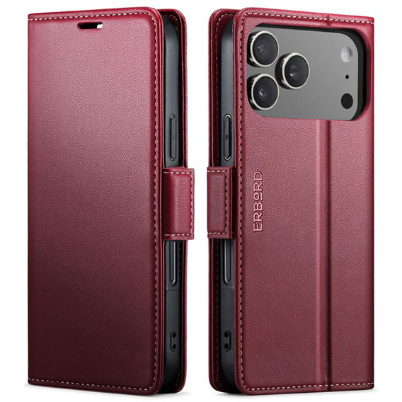 ERBORD Lesklé pouzdro Litchi, flipová peněženka pro iPhone 17 Pro Max