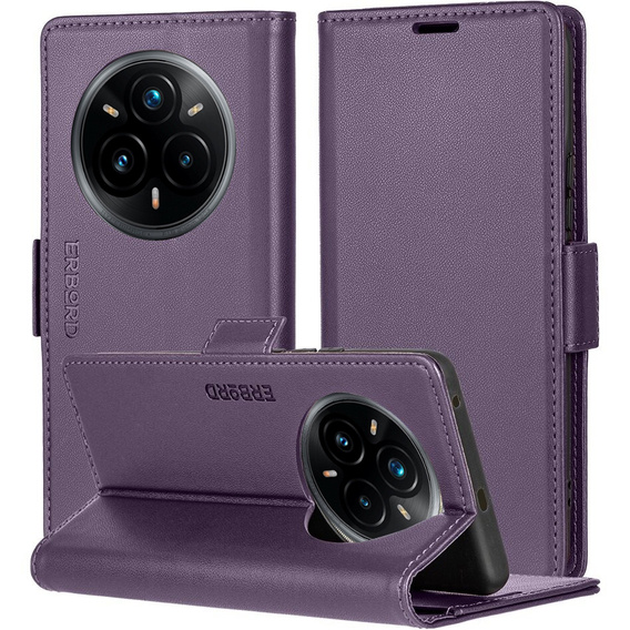 Pouzdro pro Realme 14 Pro+ 5G, ERBORD Glossy Litchi, flipová peněženka, fialové