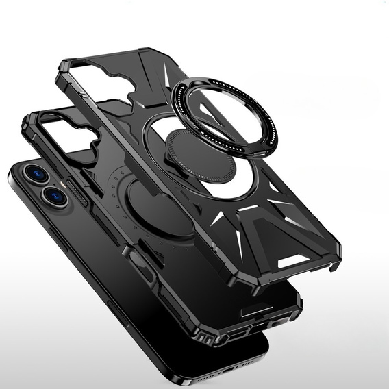 Pouzdro pro iPhone 16, pancéřované se stojánkem a deskou na rukojeť, černé